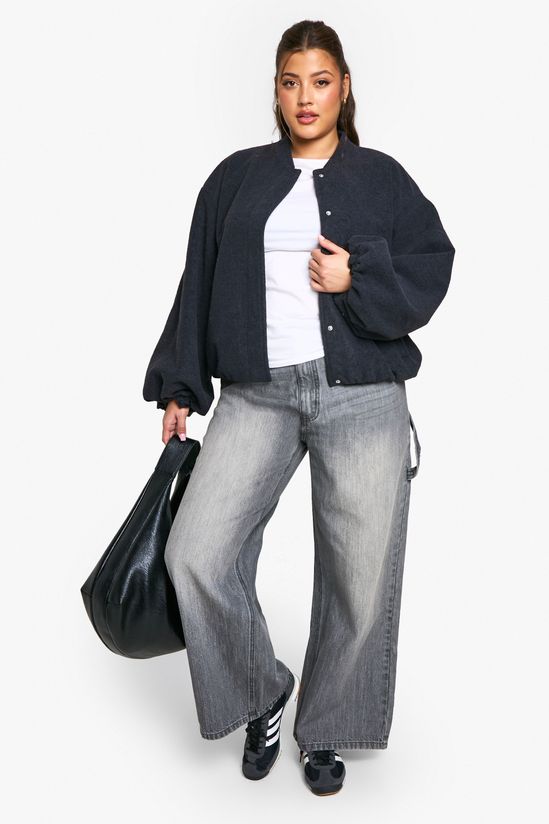 Plus Balloon Sleeve Wool Look Bomber Jacket
