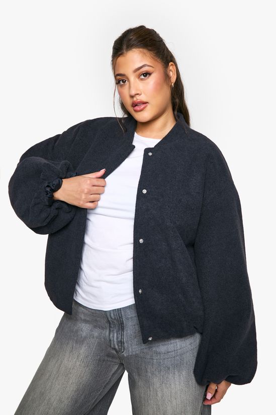 Plus Balloon Sleeve Wool Look Bomber Jacket