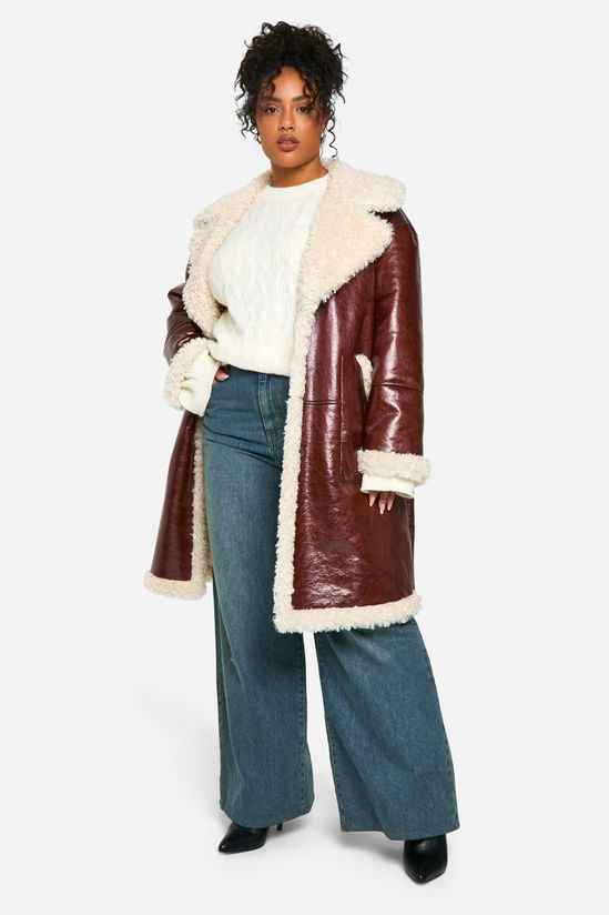 Plus Faux Leather Teddy Trim Longline Aviator Jacket