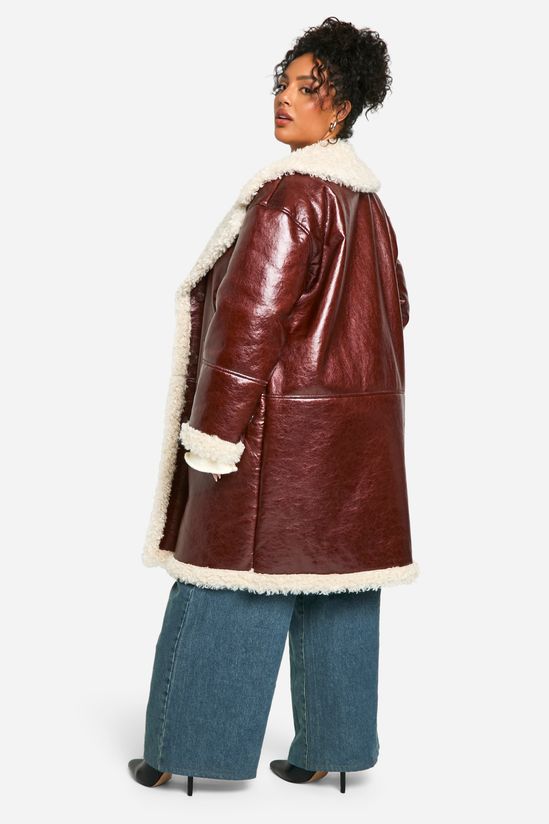 Plus Faux Leather Teddy Trim Longline Aviator Jacket