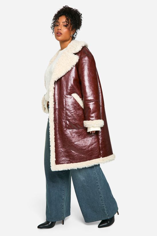 Plus Faux Leather Teddy Trim Longline Aviator Jacket