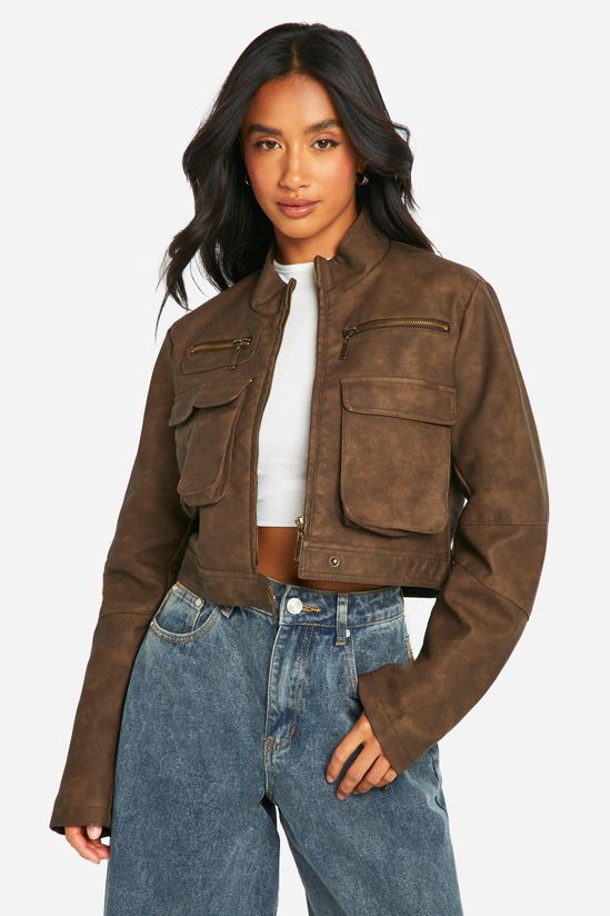 Petite Cropped Pocket Detail Faux Leather Biker Jacket