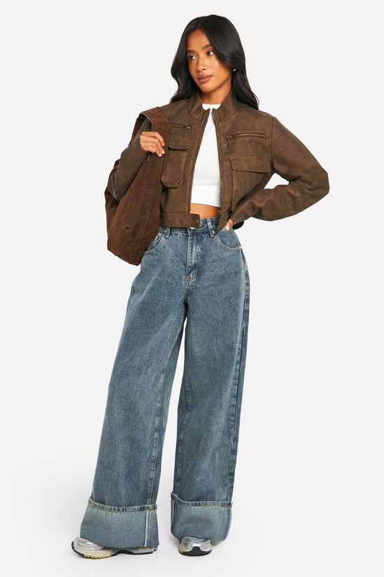 Petite Cropped Pocket Detail Faux Leather Biker Jacket