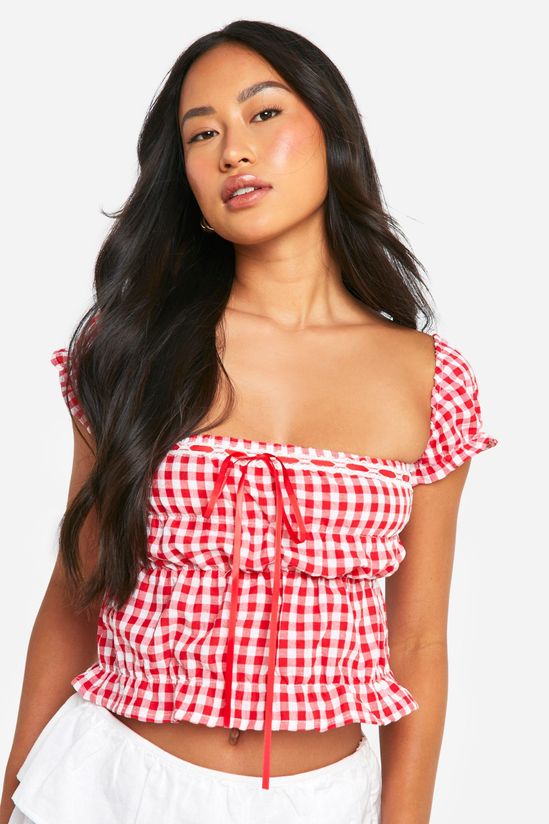 Shirred Waist Puff Sleeve Ribbon Detail Gingham Crop Top