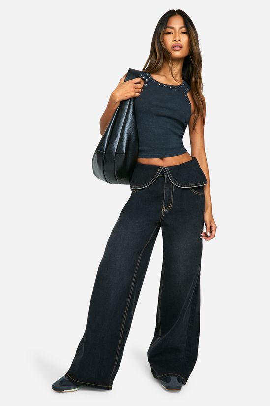 Foldover Zip Detail Wide Leg Jean
