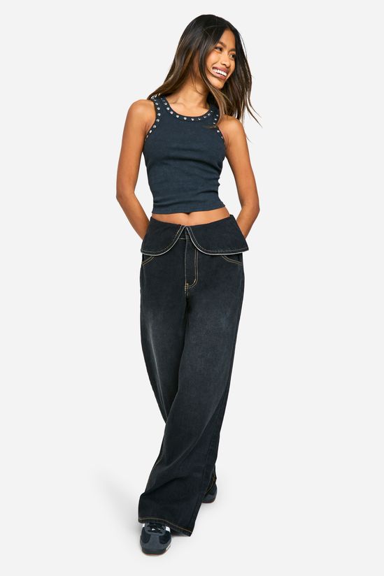 Foldover Zip Detail Wide Leg Jean