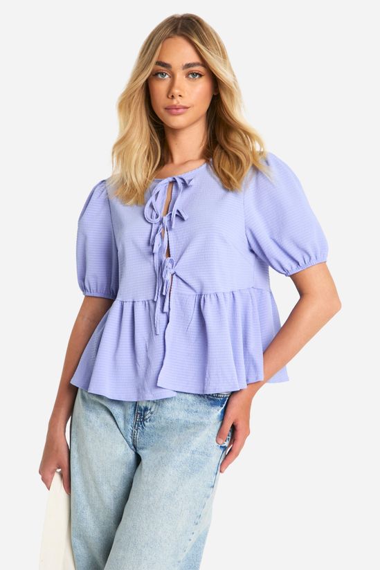 Textured Tie Front Puff Sleeve Smock Top