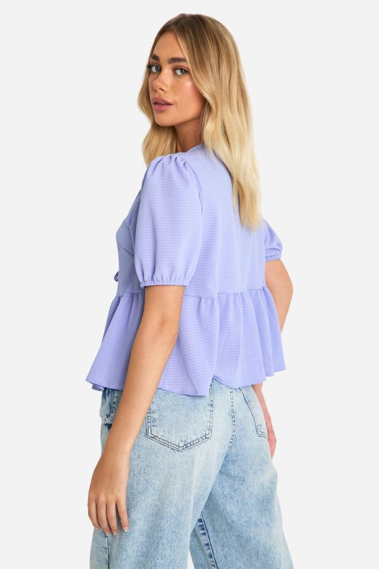 Textured Tie Front Puff Sleeve Smock Top