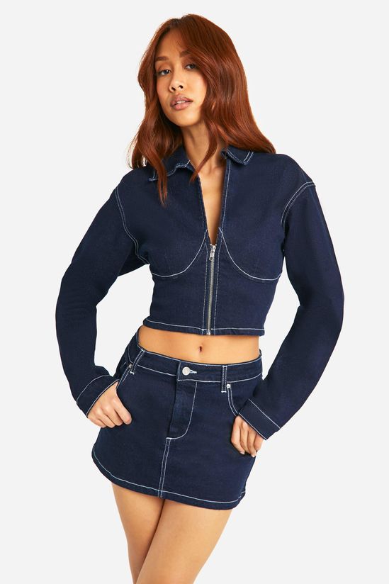 Contrast Stitch Raw Indigo Denim Micro Mini Skirt