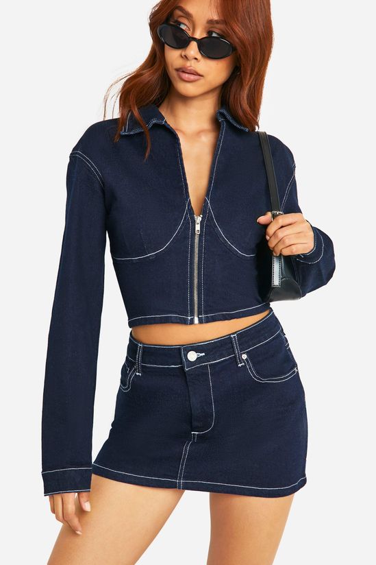Contrast Stitch Raw Indigo Denim Micro Mini Skirt