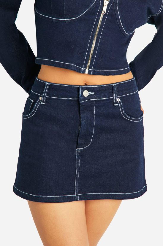 Contrast Stitch Raw Indigo Denim Micro Mini Skirt