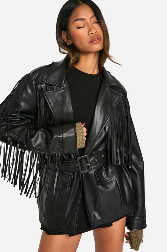 Fringe Detail Faux Leather Belted Jacket