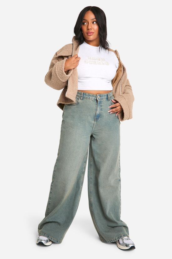 Plus Varsity Athletic Self Fabric Distressed Applique Denim Wide Leg Jean