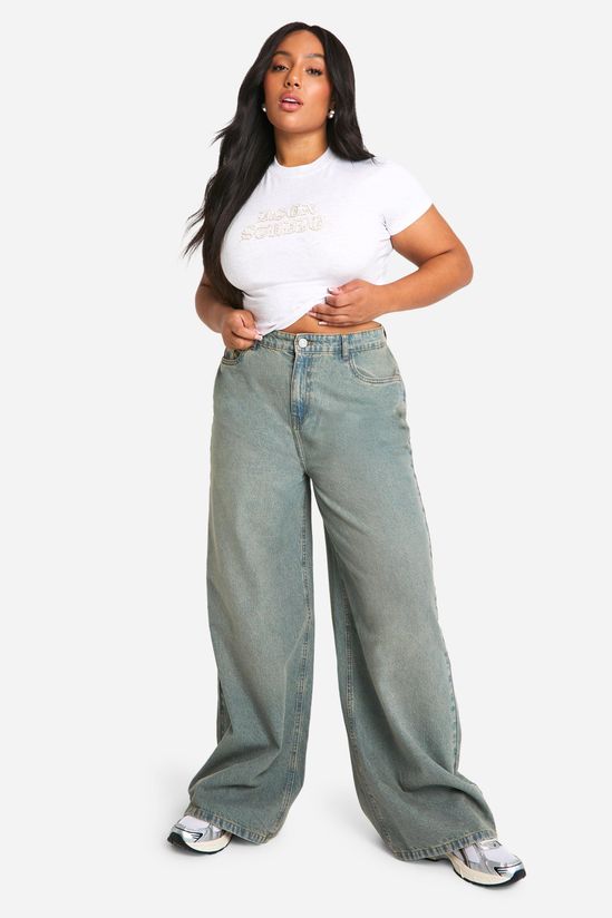 Plus Varsity Athletic Self Fabric Distressed Applique Denim Wide Leg Jean