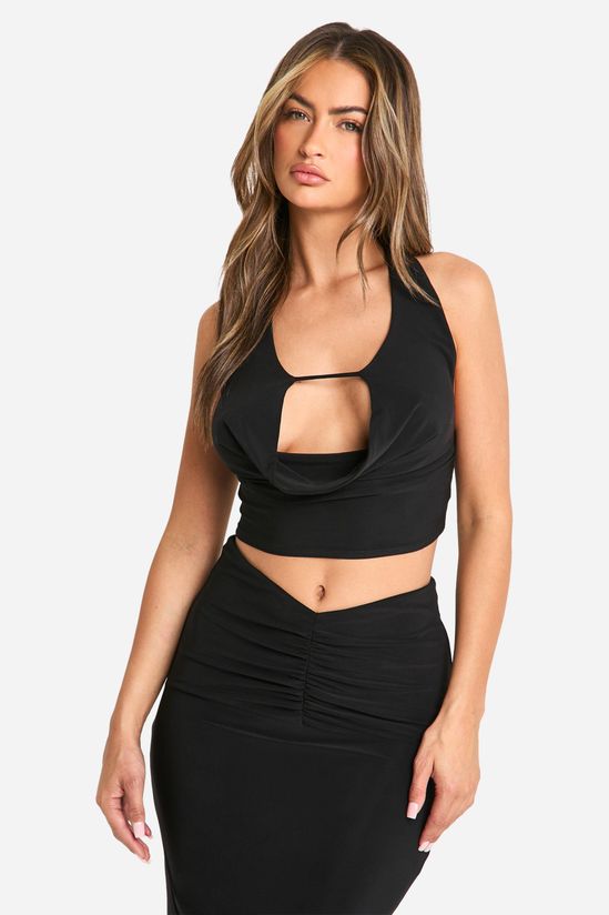Double Layer Slinky Halterneck Cowl Front Crop Top