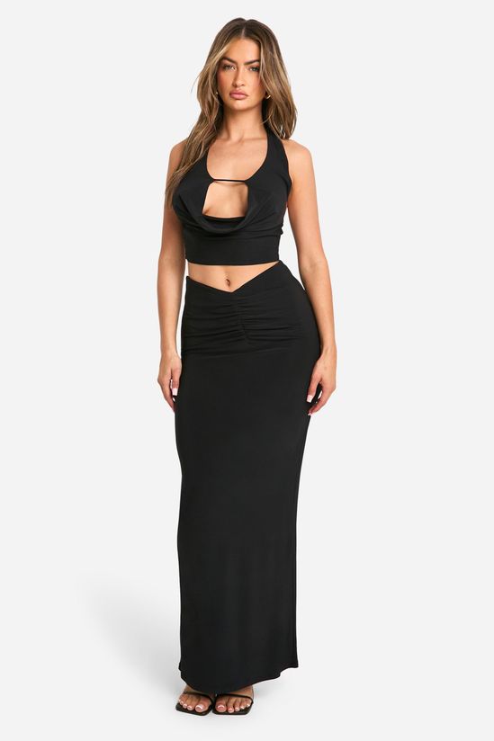 Double Layer Slinky Halterneck Cowl Front Crop Top