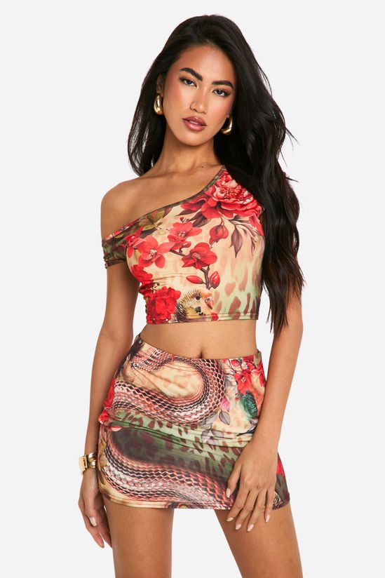 Mixed Floral Printed Off Shoulder Slinky Crop Top