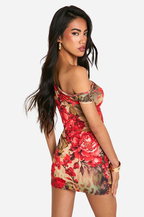 Mixed Floral Printed Off Shoulder Slinky Crop Top