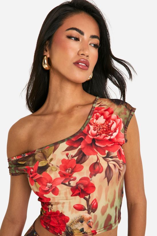 Mixed Floral Printed Off Shoulder Slinky Crop Top