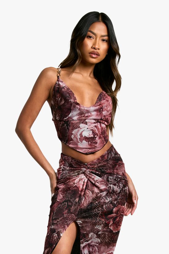 Printed Mesh Halterneck Trim Detail Cowl Neck Top