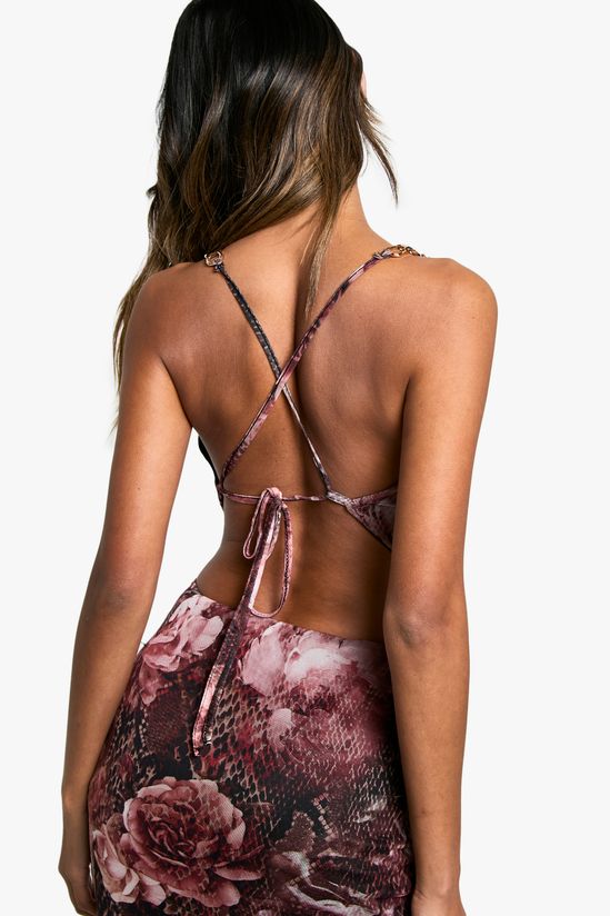 Printed Mesh Halterneck Trim Detail Cowl Neck Top