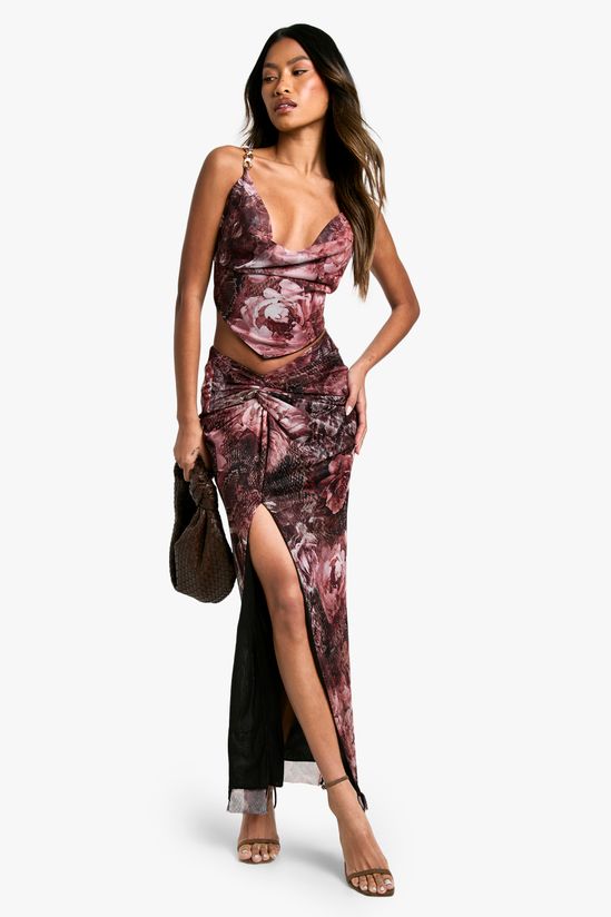 Printed Mesh Halterneck Trim Detail Cowl Neck Top