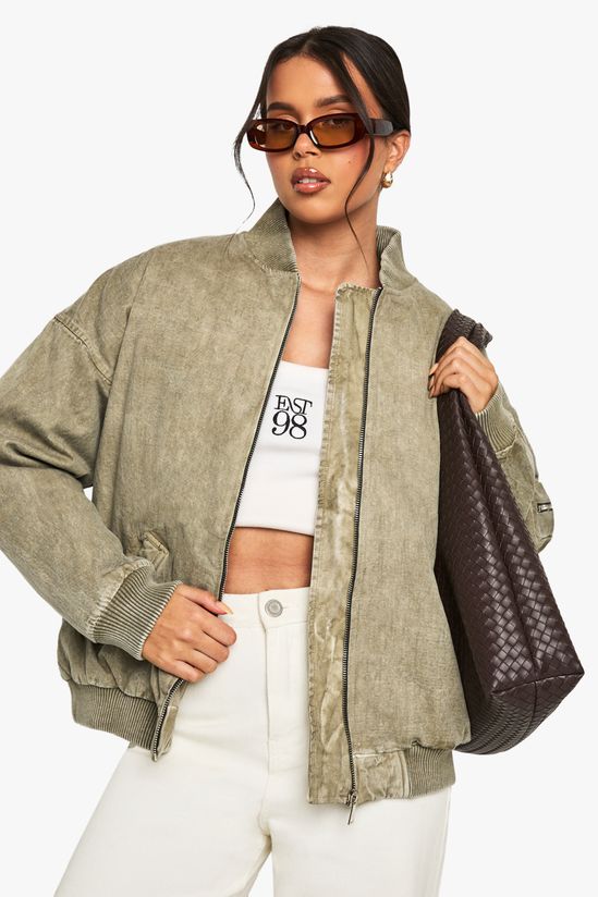 Washed Look Oversized Bomber Jacket