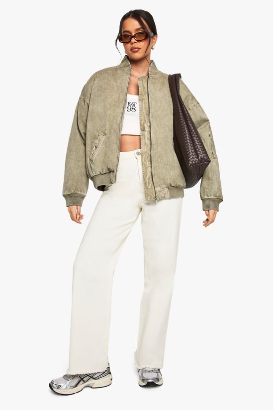 Washed Look Oversized Bomber Jacket