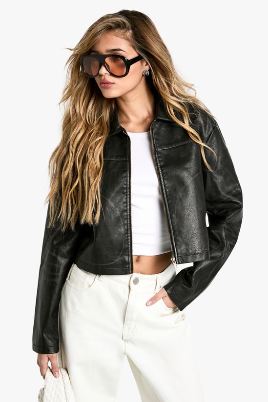 Vintage Look Zip Faux Leather Jacket