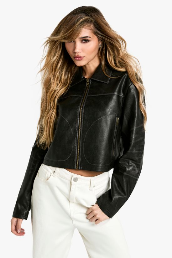 Vintage Look Zip Faux Leather Jacket