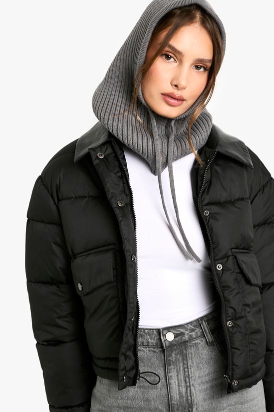 Faux Leather Contrast Collar Puffer Jacket