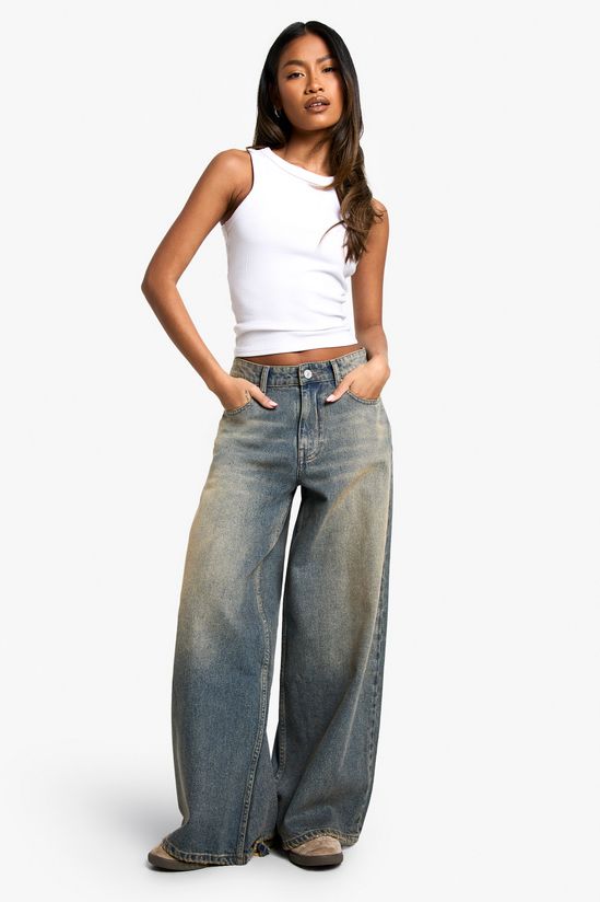 Distressed Hem Detail Vintage Wash Wide Leg Denim Jean
