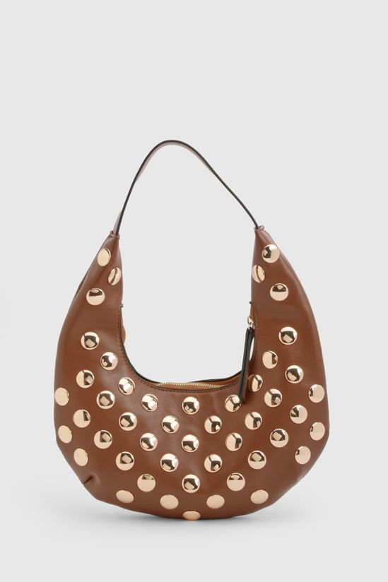 Half Moon Studded Leather Look Shoulder Bag