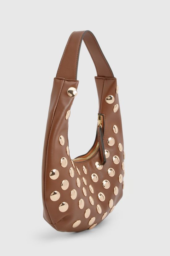 Half Moon Studded Leather Look Shoulder Bag