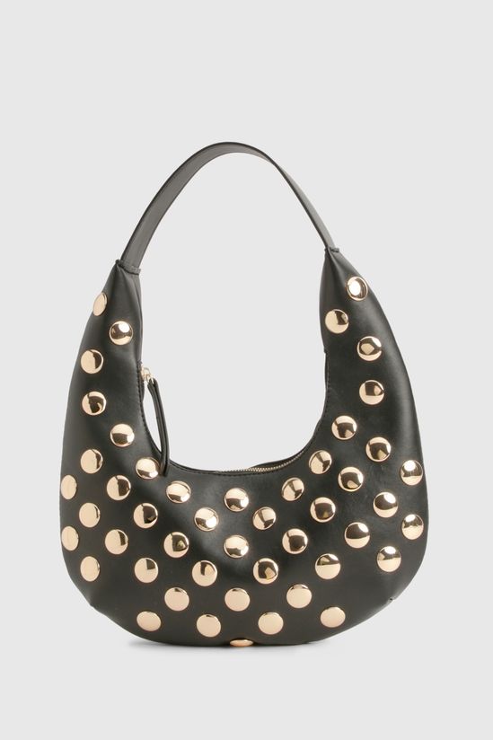Half Moon Studded Leather Look Shoulder Bag