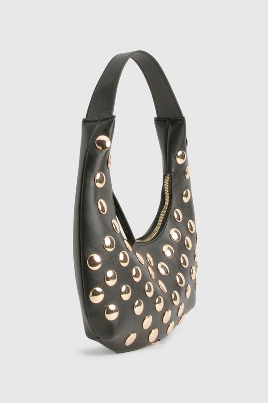 Half Moon Studded Leather Look Shoulder Bag