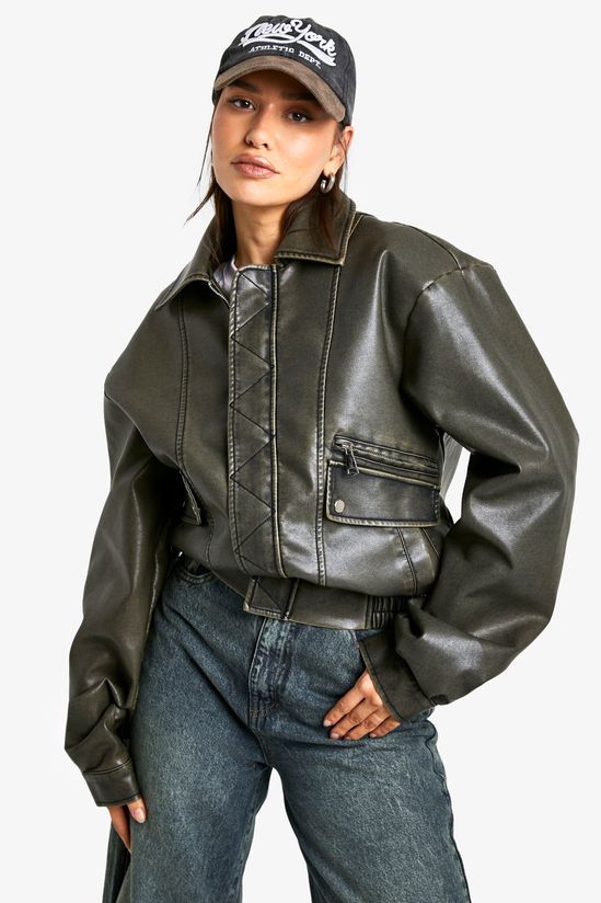 Tall Vintage Look Faux Leather Bomber Jacket