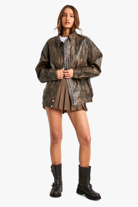 Vintage Look Faux Leather Bomber Jacket