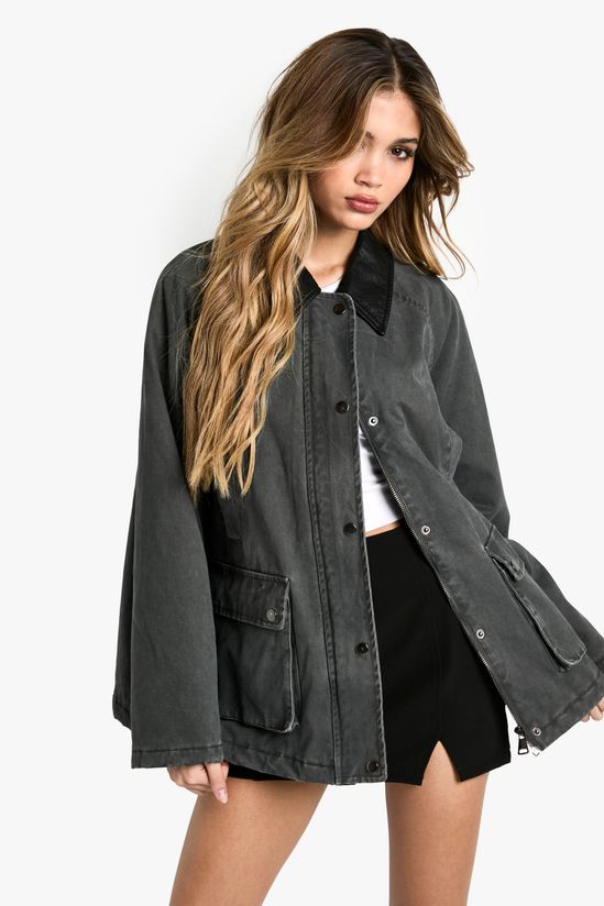 Faux Leather Collar Oversized Barn Jacket