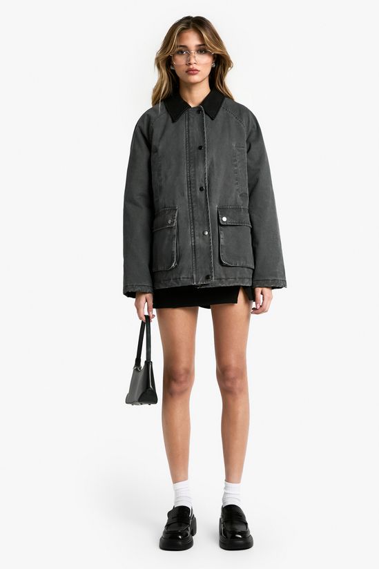 Faux Leather Collar Oversized Barn Jacket