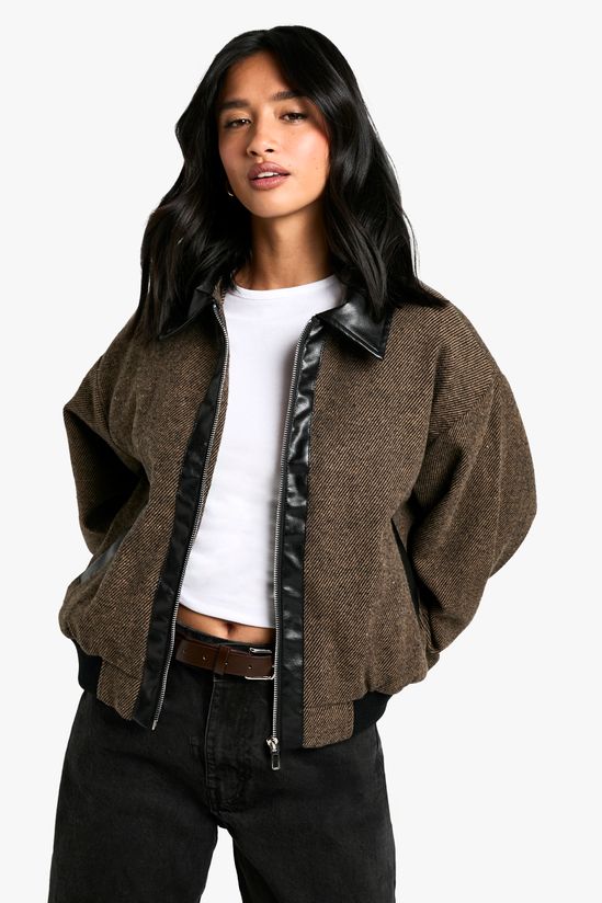 Petite PU Trim Wool Look Bomber Jacket