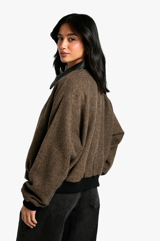 Petite PU Trim Wool Look Bomber Jacket