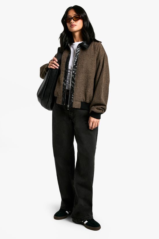 Petite PU Trim Wool Look Bomber Jacket