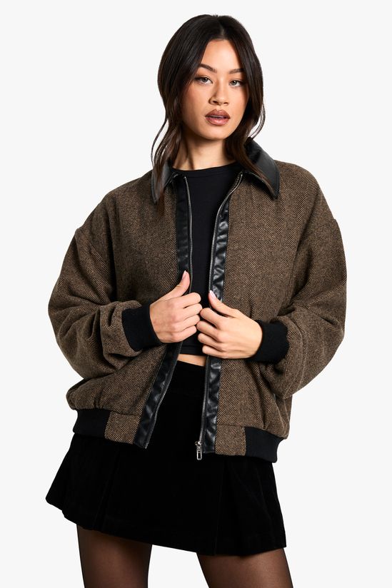 Tall Contrast PU Trim Wool Look Bomber Jacket
