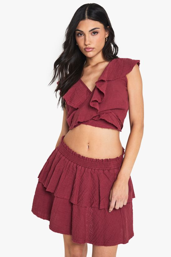 Cheesecloth Ruffle Wrap Crop Top