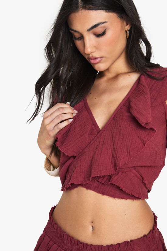 Cheesecloth Ruffle Wrap Crop Top