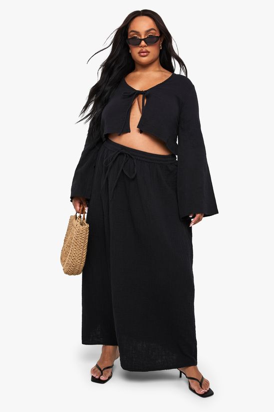 Plus Cheesecloth Long Sleeve Tie Front Top