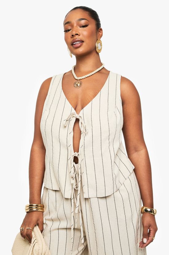 Plus Tie Front Linen Stripe Top