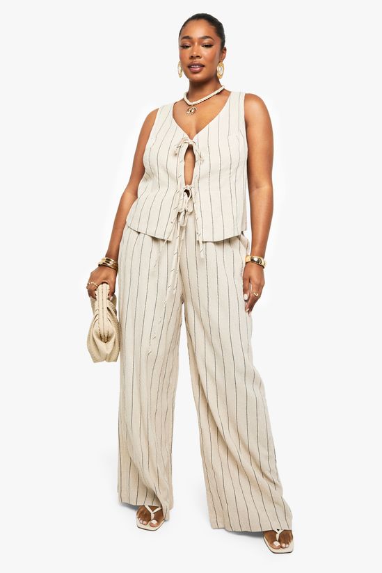 Plus Tie Front Linen Stripe Top