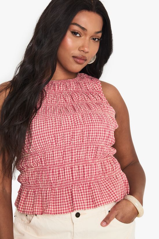 Plus Shirred Gingham Peplum Top